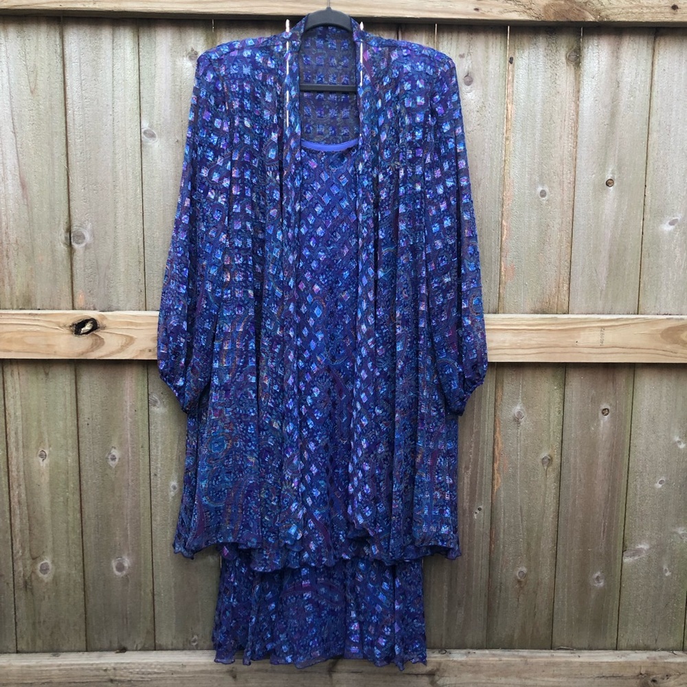 Saks Fifth Avenue Dress Kimono Set Size 16 Blue Purple Metallic Iridescent Gold